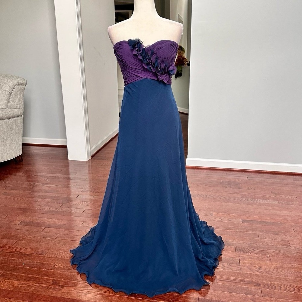 Strapless‎ Montage By Mon Cheri Putple Navy Blue 3D Floral Formal Gown Dress